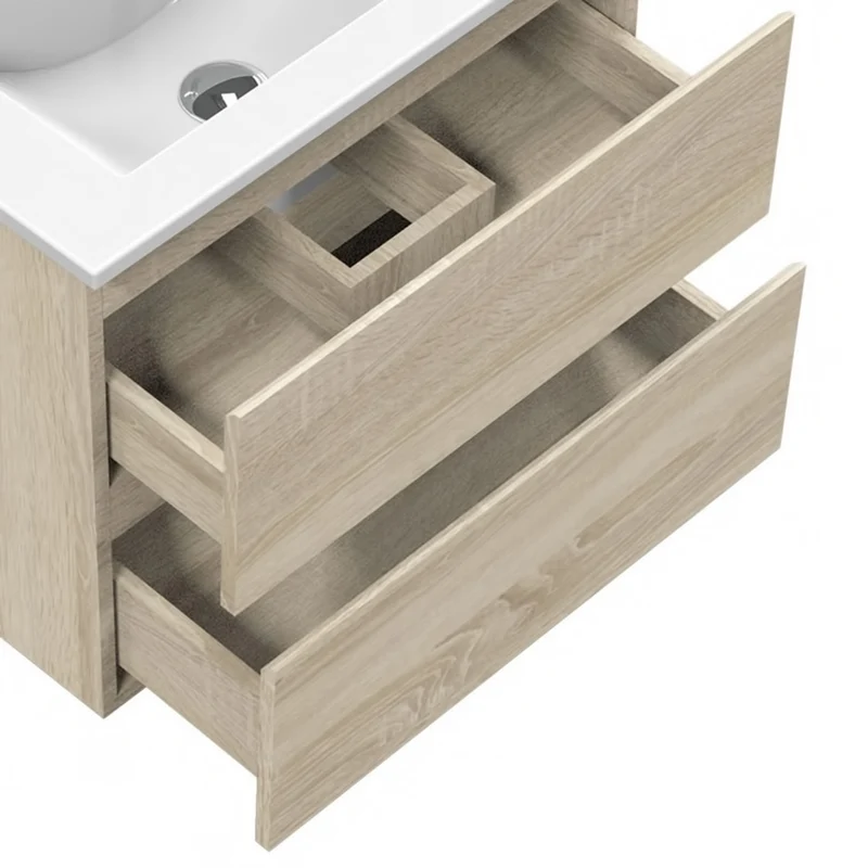 Meuble de salle de bain, Meuble de rangement avec lavabo, Meuble sous vasque suspendu, Blanc/Anthracite/Bois Clair, 60 cm