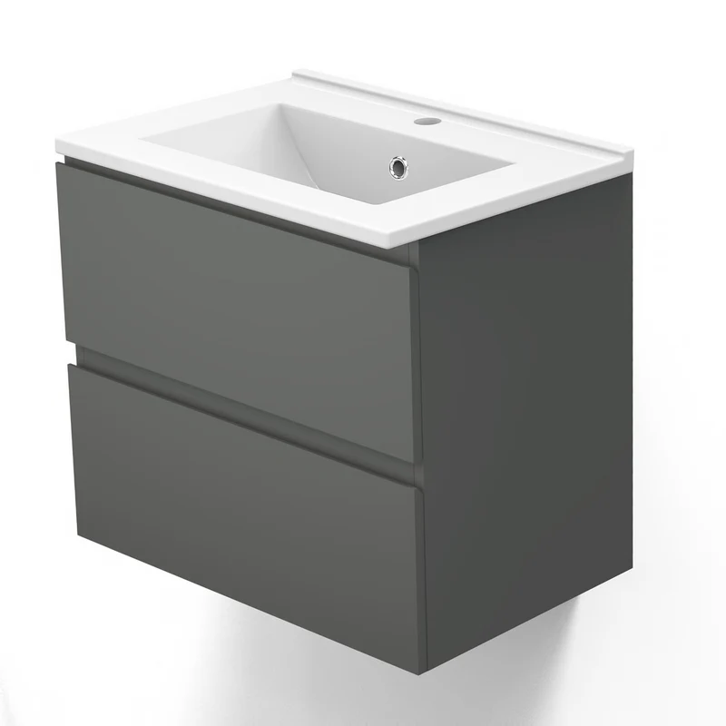 Meuble de salle de bain, Meuble de rangement avec lavabo, Meuble sous vasque suspendu, Blanc/Anthracite/Bois Clair, 60 cm