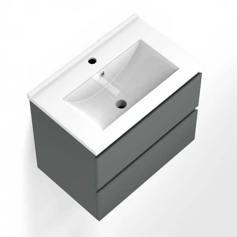 Meuble de salle de bain, Meuble de rangement avec lavabo, Meuble sous vasque suspendu, Blanc/Anthracite/Bois Clair, 60 cm