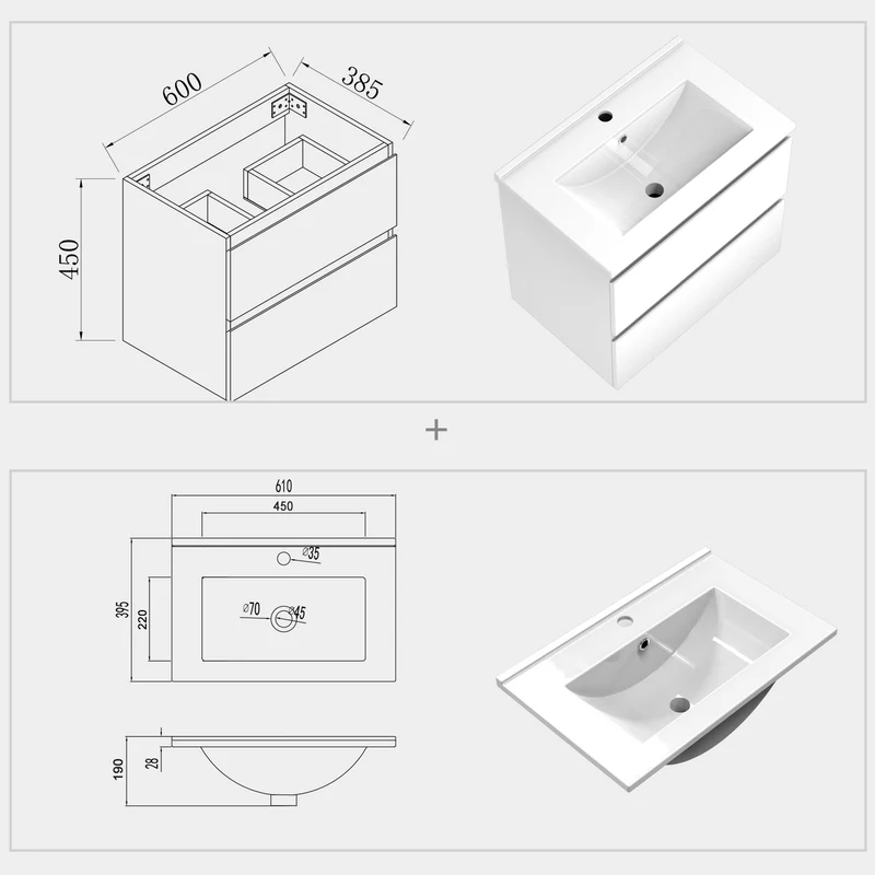 Meuble de salle de bain, Meuble de rangement avec lavabo, Meuble sous vasque suspendu, Blanc/Anthracite/Bois Clair, 60 cm