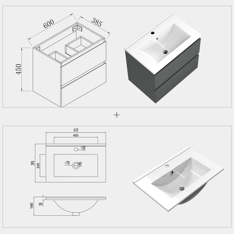 Meuble de salle de bain, Meuble de rangement avec lavabo, Meuble sous vasque suspendu, Blanc/Anthracite/Bois Clair, 60 cm