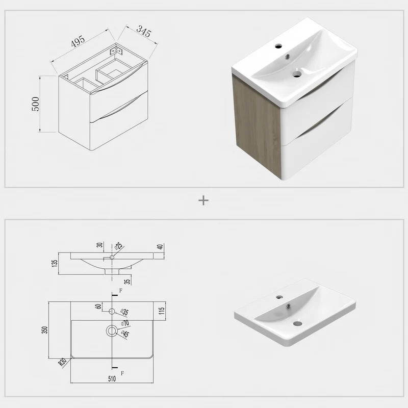 Aica Ensemble meuble bois et vasque 50-80cm de salle de bain meubles sur pieds 2 tiroirs
