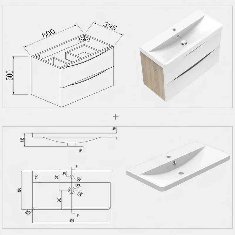 Aica Ensemble meuble bois et vasque 50-80cm de salle de bain meubles sur pieds 2 tiroirs