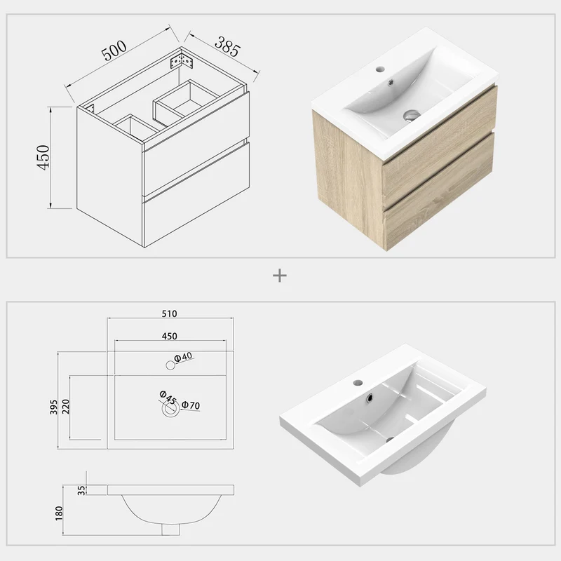 Meuble de salle de bain, Meuble sous vasque suspendu Blanc / Anthracite / Bois clair 50cm