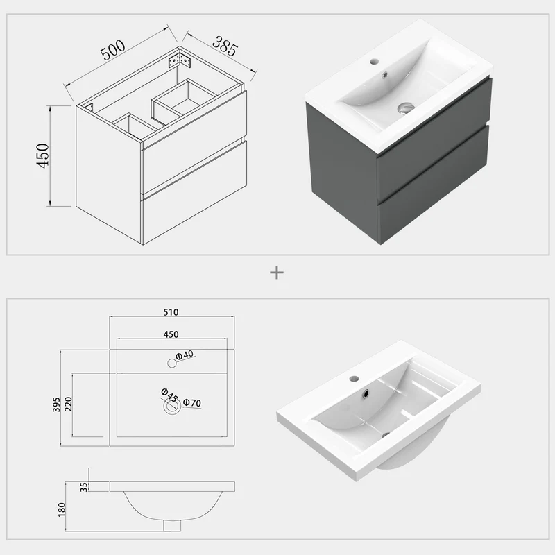 Meuble de salle de bain, Meuble sous vasque suspendu Blanc / Anthracite / Bois clair 50cm