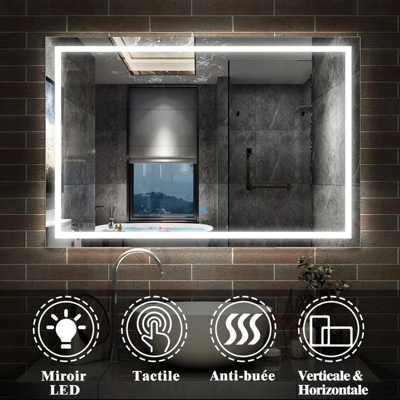 Miroir mural de salle de bain, éclairage LED intégré avec anti-buée, 140cmx70cm