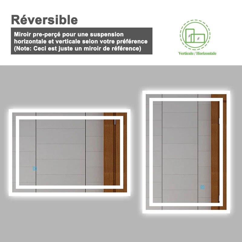 Miroir mural de salle de bain, éclairage LED intégré avec anti-buée, 140cmx70cm