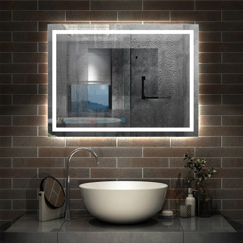Miroir mural de salle de bain, éclairage LED intégré avec anti-buée, 80cmx60cm