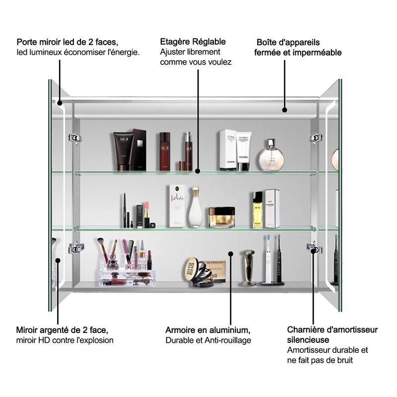 Miroir salle de bain, Armoire de toilette avec miroir, Cabinet miroir avec éclairage LED 6000K 80cmx60cm