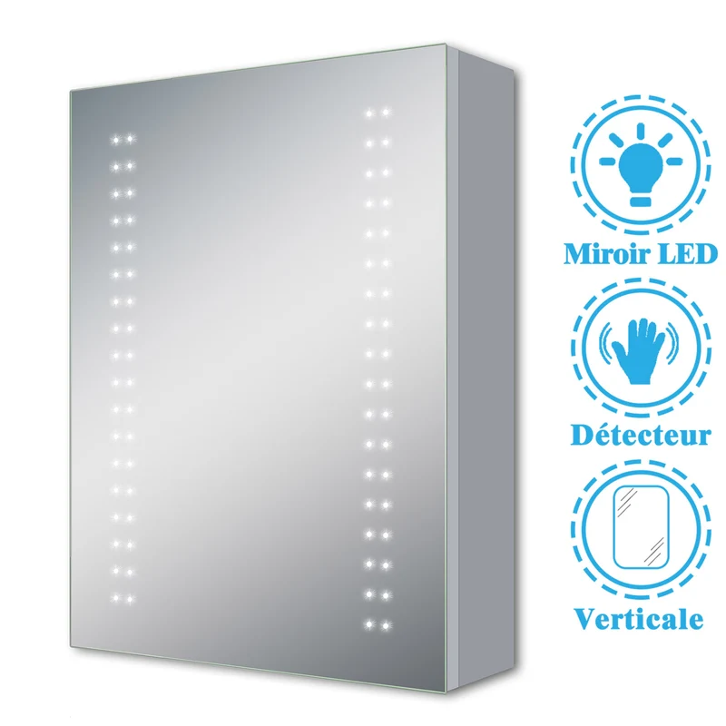 Miroir salle de bain, Armoire de toilette avec miroir, Cabinet miroir avec éclairage LED 6000K 50cmx70cm