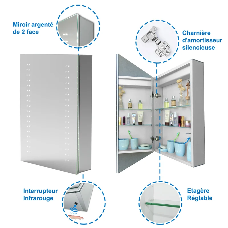 Miroir salle de bain, Armoire de toilette avec miroir, Cabinet miroir avec éclairage LED 6000K 50cmx70cm