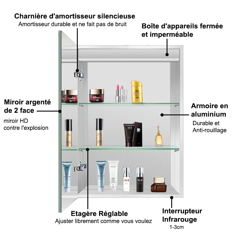 Miroir salle de bain, Armoire de toilette avec miroir, Cabinet miroir avec éclairage LED 6000K 50cmx70cm