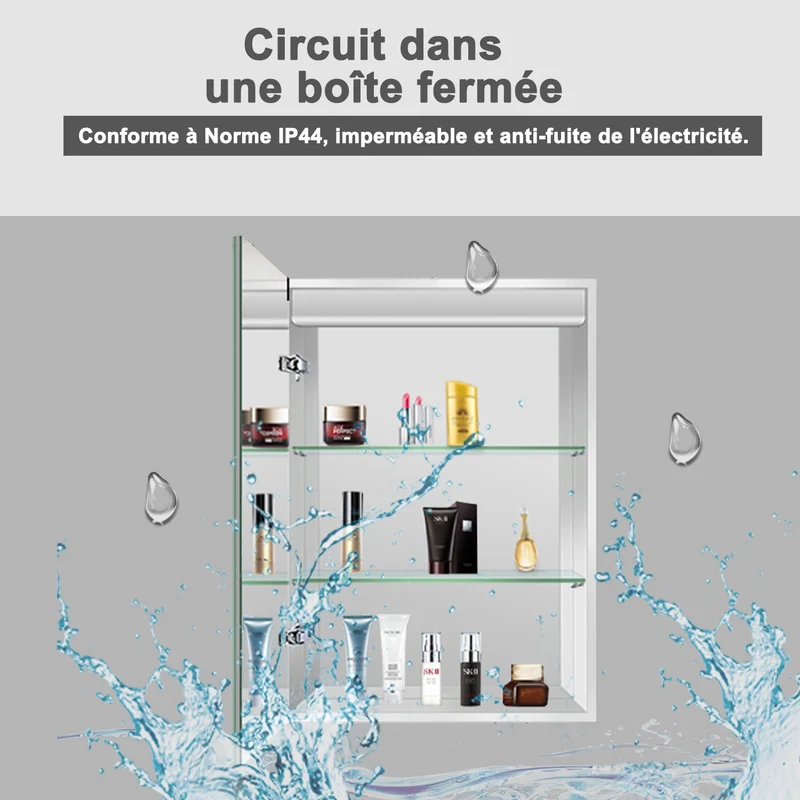 Miroir salle de bain, Armoire de toilette avec miroir, Cabinet miroir avec éclairage LED 6000K 50cmx70cm