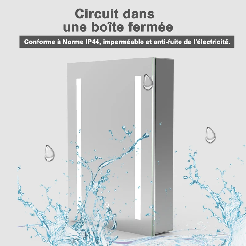 Miroir salle de bain, Armoire de toilette avec miroir, Cabinet miroir avec éclairage LED 6000K 50cmx70cm