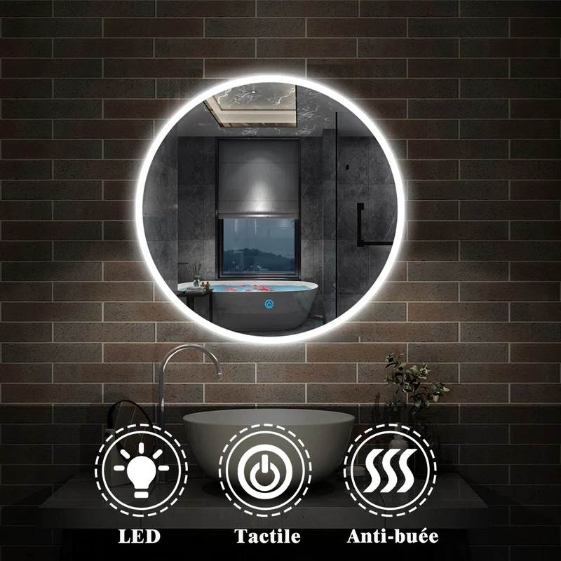 AICA Miroir de salle bain Rond avec anti-buée, Lumière Blanc du jour 6000K Ø 60/70/80 cm