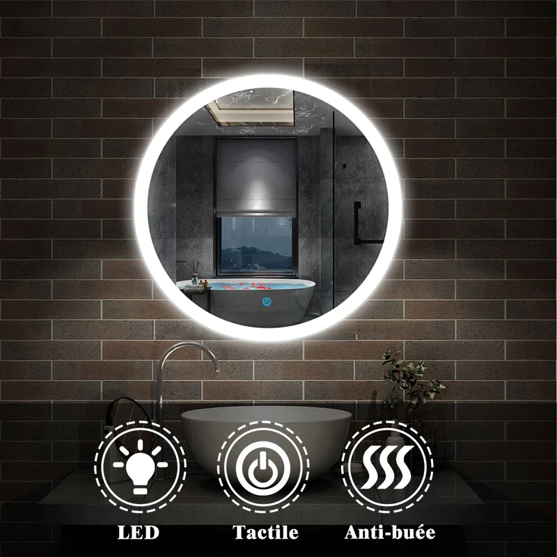 AICA Miroir de salle bain Rond avec anti-buée, Lumière Blanc du jour 6000K Ø 60/70/80 cm