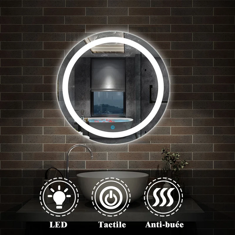 AICA Miroir de salle bain Rond avec anti-buée, Lumière Blanc du jour 6000K Ø 60/70/80 cm