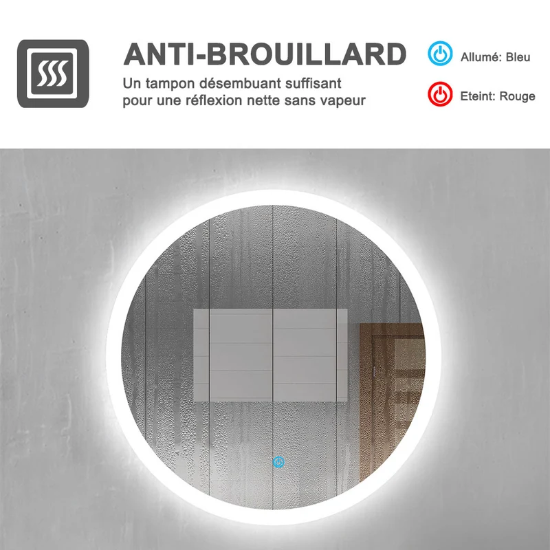 AICA Miroir de salle bain Rond avec anti-buée, Lumière Blanc du jour 6000K Ø 60/70/80 cm