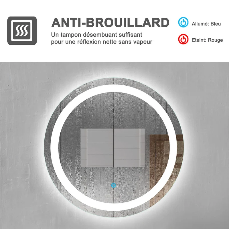 AICA Miroir de salle bain Rond avec anti-buée, Lumière Blanc du jour 6000K Ø 60/70/80 cm