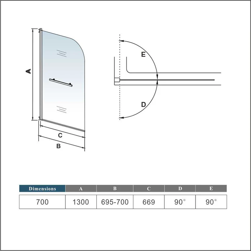 Aica pare-baignoire 70x130cm pivotant à 180 degrés en verre securit