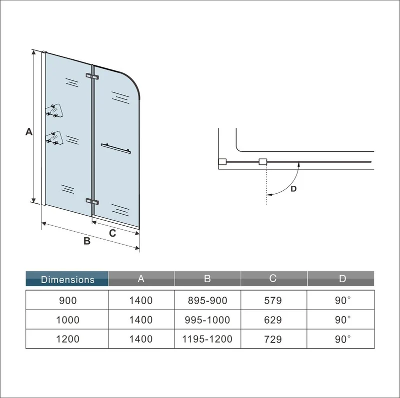 Aica 900/1000/1200x1400x5mm paravent pivotant, pare baignoire avec les étages