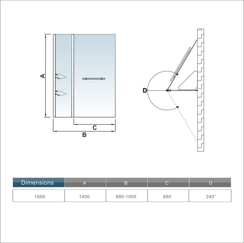 Aica 1000x1400x6mm pare baignoire pivotant 180°,écran de baignoire, porte de baignoire , 6mm verre trempé , porte-serviette, avec 2 étagères p-3
