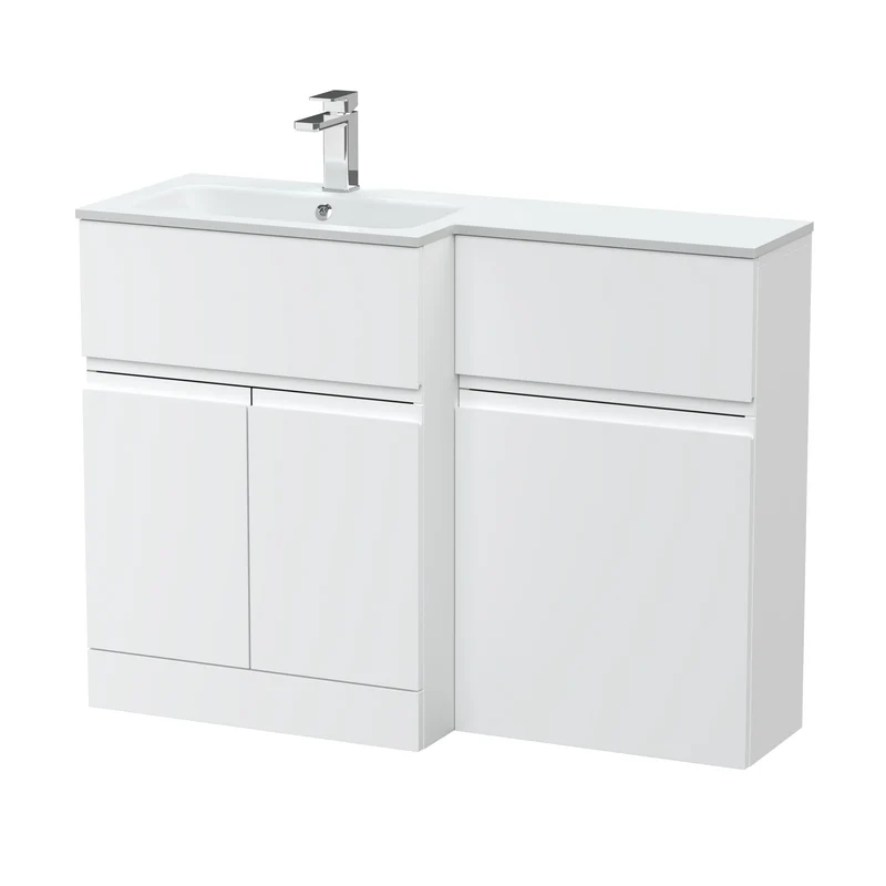 Urban 1100mm Basin & WC Combination Unit With 2 Doors, 1 Drawer & Left Hand White Stone Basin - White Satin