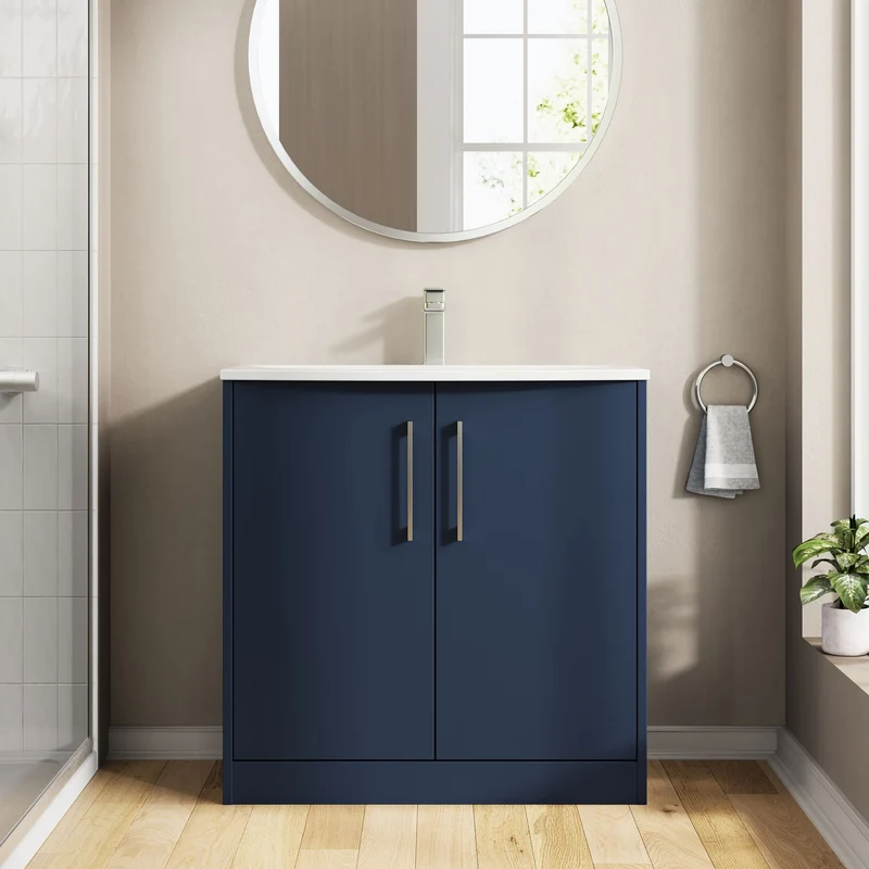 Juno 800mm Floor Standing 2 Door Vanity Unit & Curved Ceramic Basin - Midnight Blue Matt