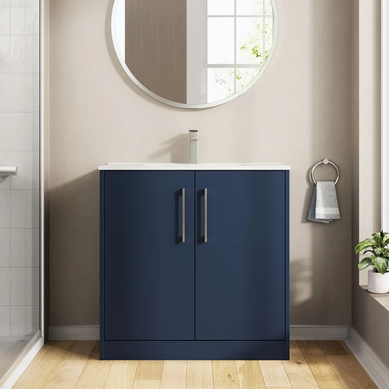 Juno 800mm Floor Standing 2 Door Vanity Unit & Minimalist Ceramic Basin - Midnight Blue Matt