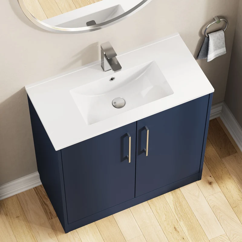 Juno 800mm Floor Standing 2 Door Vanity Unit & Minimalist Ceramic Basin - Midnight Blue Matt