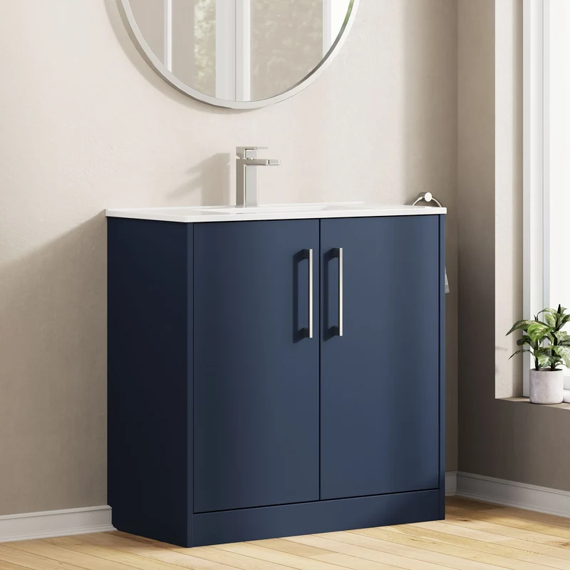 Juno 800mm Floor Standing 2 Door Vanity Unit & Minimalist Ceramic Basin - Midnight Blue Matt