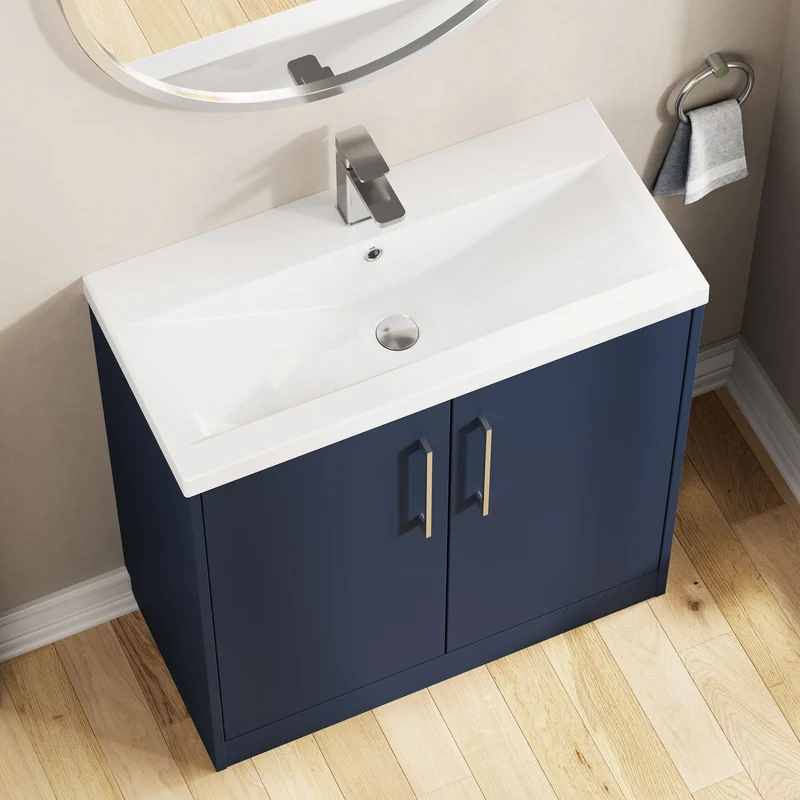 Juno 800mm Floor Standing 2 Door Vanity Unit & Mid Edge Ceramic Basin - Midnight Blue Matt