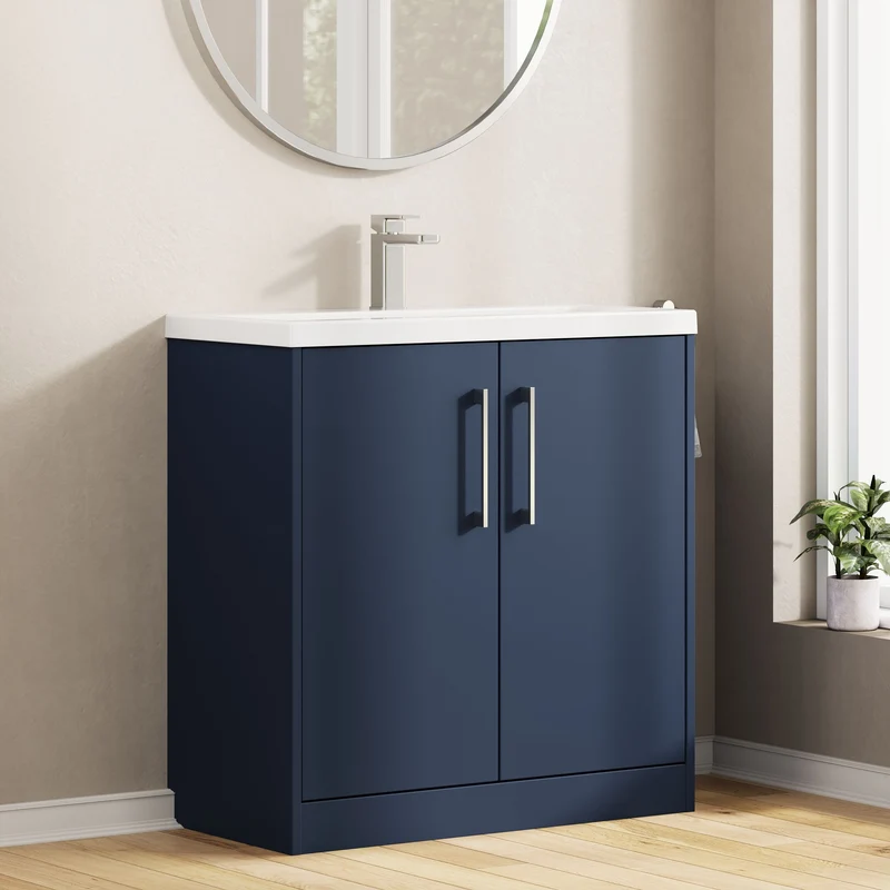 Juno 800mm Floor Standing 2 Door Vanity Unit & Mid Edge Ceramic Basin - Midnight Blue Matt