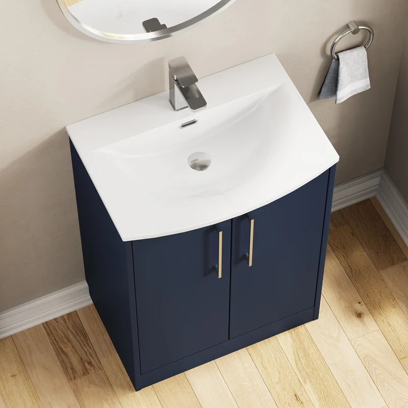 Juno 600mm Floor Standing 2 Door Vanity Unit & Curved Ceramic Basin - Midnight Blue Matt