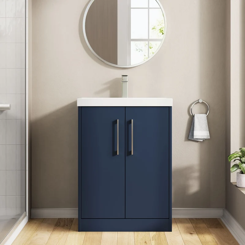 Juno 600mm Floor Standing 2 Door Vanity Unit & Thin Edge Ceramic Basin - Midnight Blue Matt