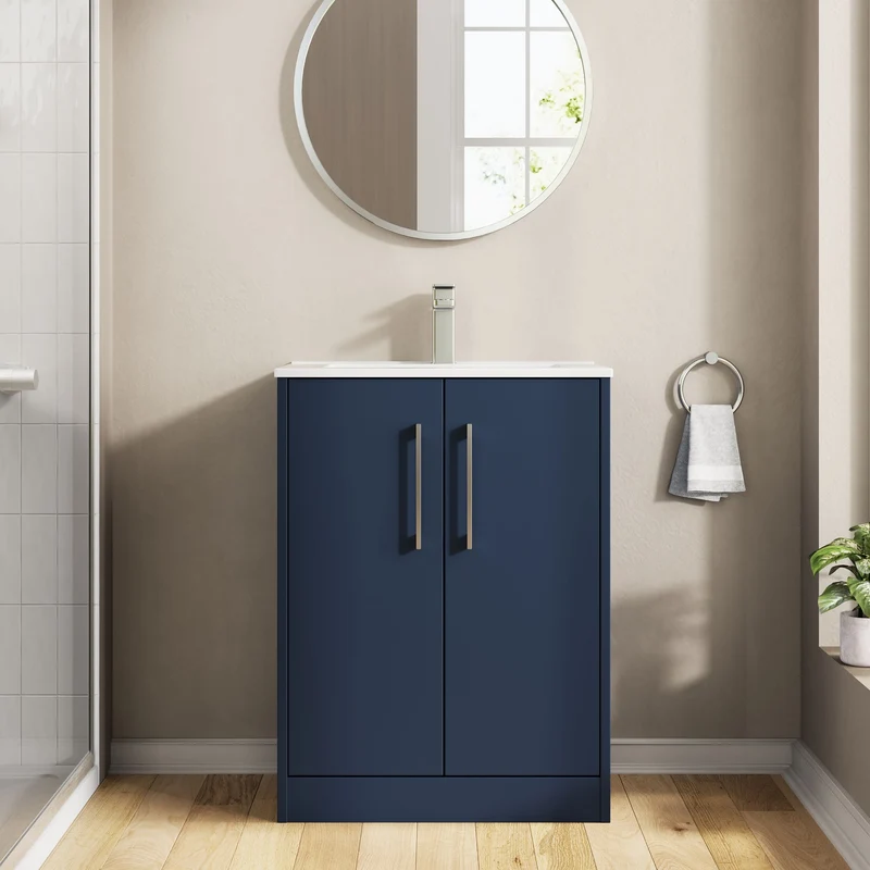 Juno 600mm Floor Standing 2 Door Vanity Unit & Minimalist Ceramic Basin - Midnight Blue Matt