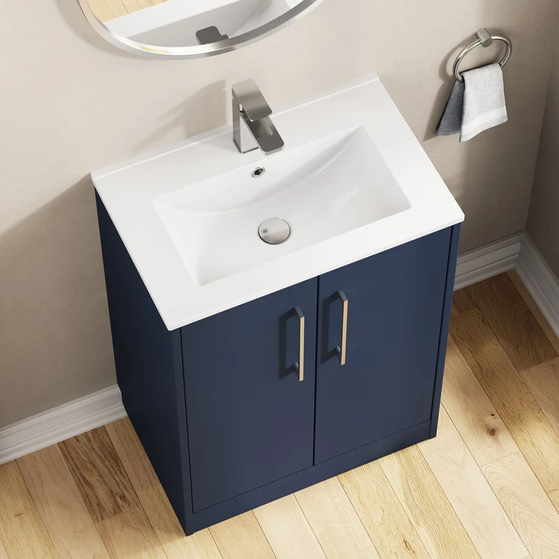 Juno 600mm Floor Standing 2 Door Vanity Unit & Minimalist Ceramic Basin - Midnight Blue Matt