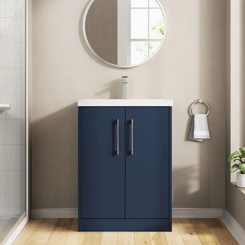 Juno 600mm Floor Standing 2 Door Vanity Unit & Mid Edge Ceramic Basin - Midnight Blue Matt