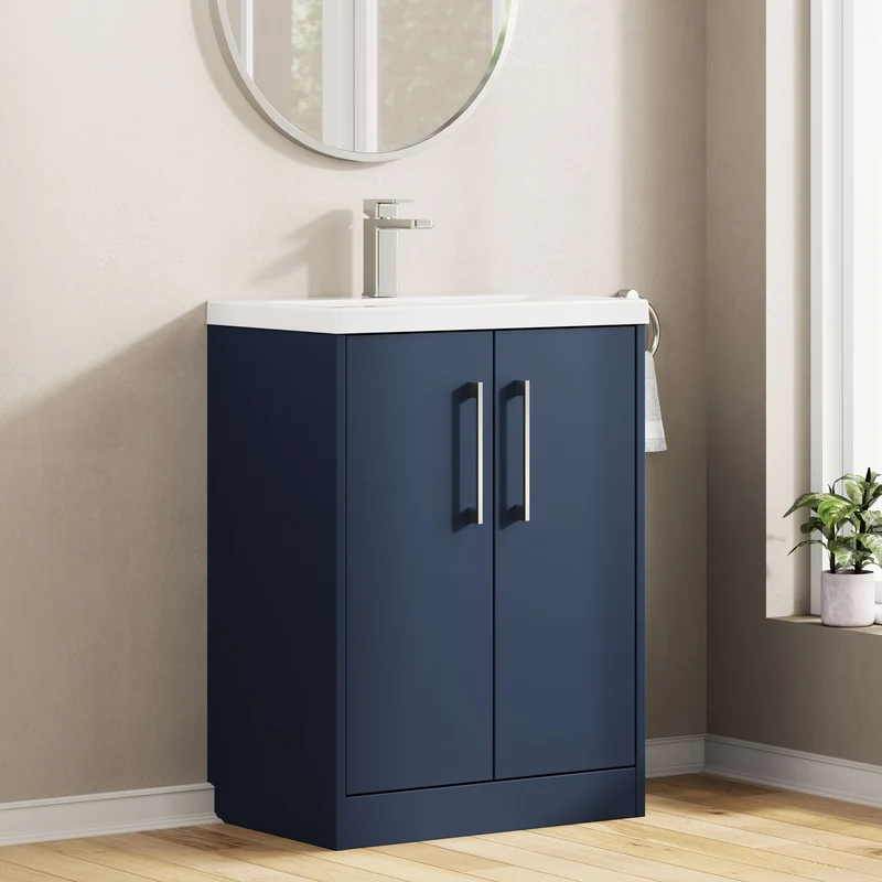 Juno 600mm Floor Standing 2 Door Vanity Unit & Mid Edge Ceramic Basin - Midnight Blue Matt