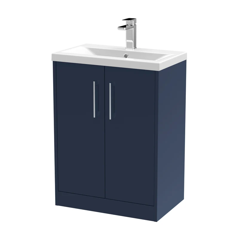 Juno 600mm Floor Standing 2 Door Vanity Unit & Mid Edge Ceramic Basin - Midnight Blue Matt