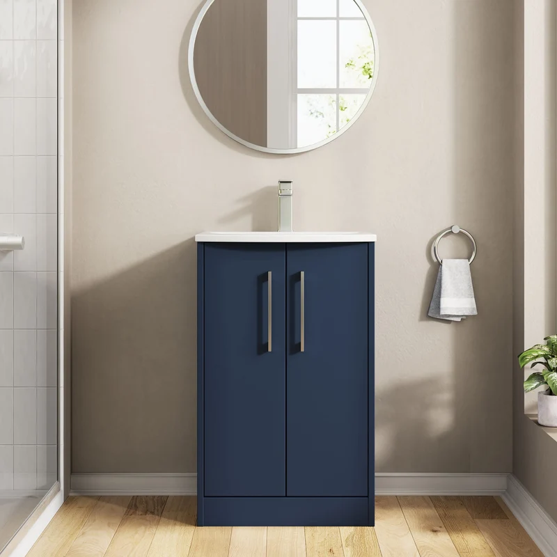 Juno 500mm Floor Standing 2 Door Vanity Unit & Curved Ceramic Basin - Midnight Blue Matt