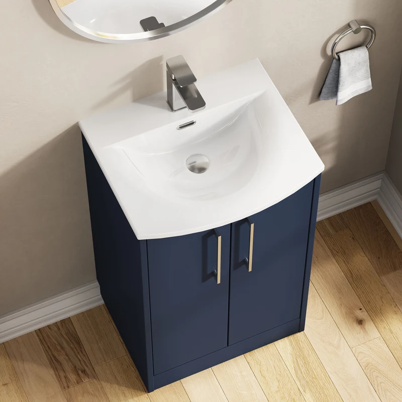 Juno 500mm Floor Standing 2 Door Vanity Unit & Curved Ceramic Basin - Midnight Blue Matt
