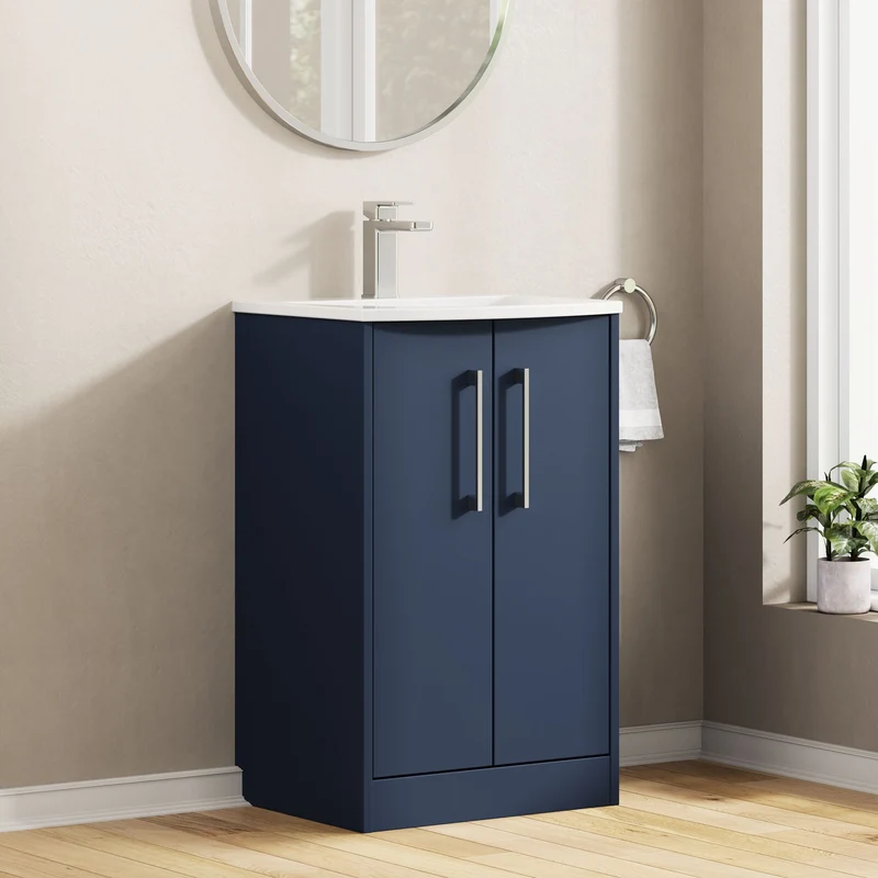 Juno 500mm Floor Standing 2 Door Vanity Unit & Curved Ceramic Basin - Midnight Blue Matt
