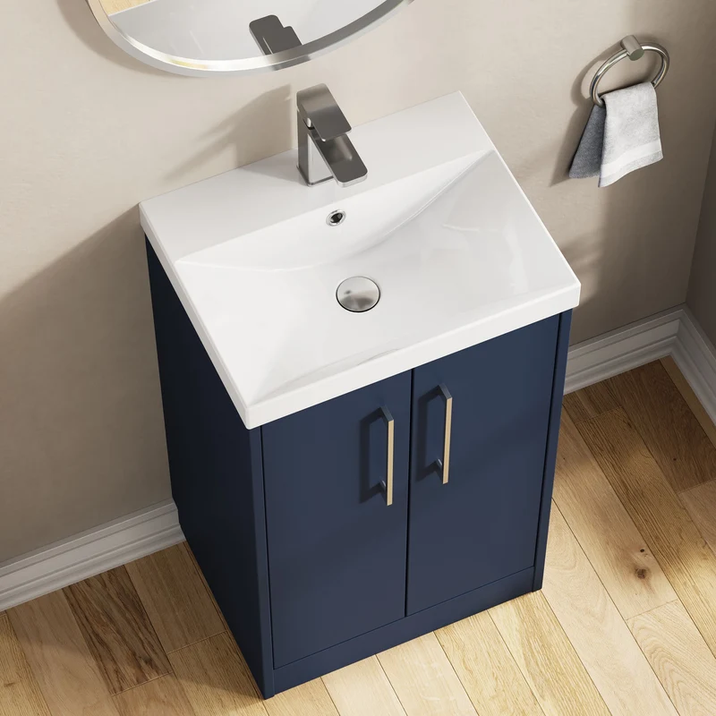 Juno 500mm Floor Standing 2 Door Vanity Unit & Thin Edge Ceramic Basin - Midnight Blue Matt