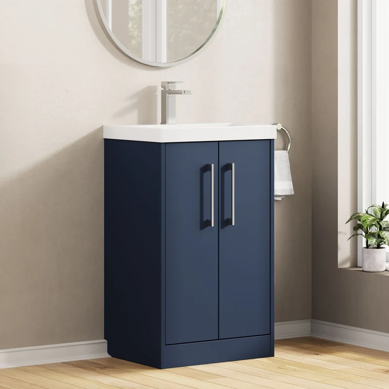 Juno 500mm Floor Standing 2 Door Vanity Unit & Thin Edge Ceramic Basin - Midnight Blue Matt