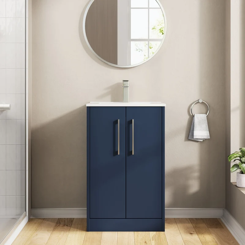 Juno 500mm Floor Standing 2 Door Vanity Unit & Minimalist Ceramic Basin - Midnight Blue Matt