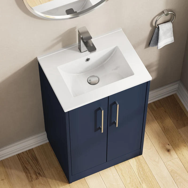 Juno 500mm Floor Standing 2 Door Vanity Unit & Minimalist Ceramic Basin - Midnight Blue Matt