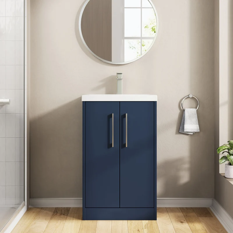 Juno 500mm Floor Standing 2 Door Vanity Unit & Mid Edge Ceramic Basin - Midnight Blue Matt
