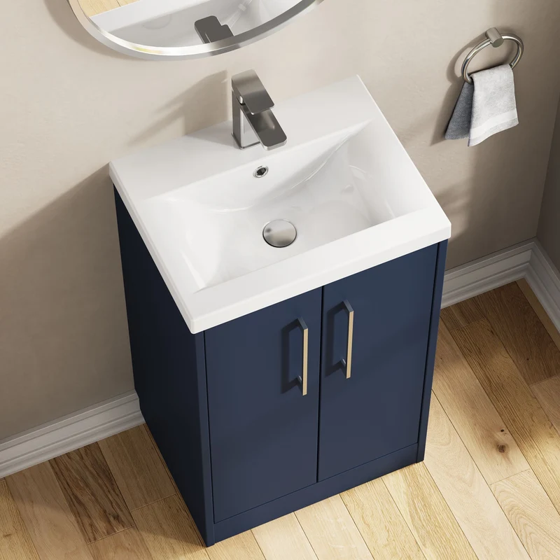 Juno 500mm Floor Standing 2 Door Vanity Unit & Mid Edge Ceramic Basin - Midnight Blue Matt