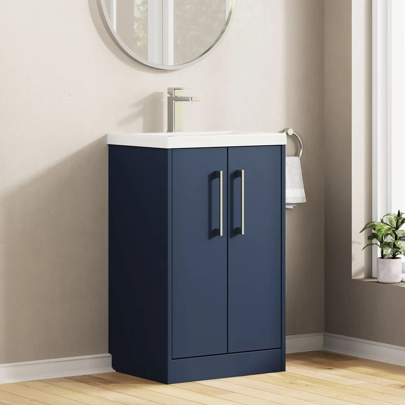 Juno 500mm Floor Standing 2 Door Vanity Unit & Mid Edge Ceramic Basin - Midnight Blue Matt